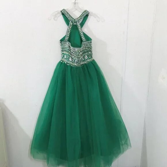Formal Prom Dress Emerald Green Beaded Sequins Full Length Sleeveless Sz 4 - Picture 4 of 12